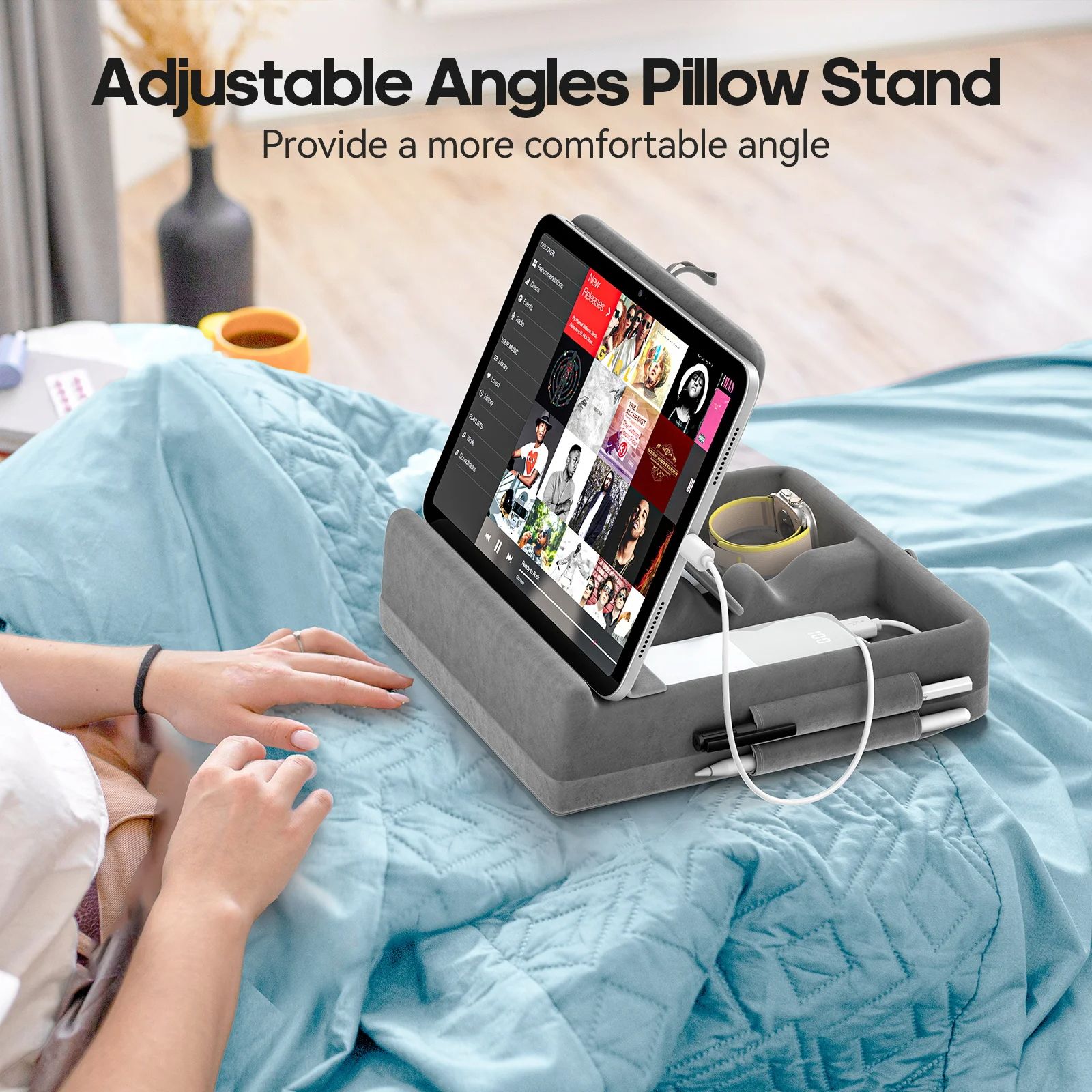 Adjustable Tablet Pillow Stand with Storage, Foldable iPad Holder for Bed & Lap