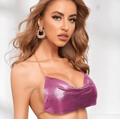 Womens Metallic Halter Crop Top Glitter Backless Corset Cami