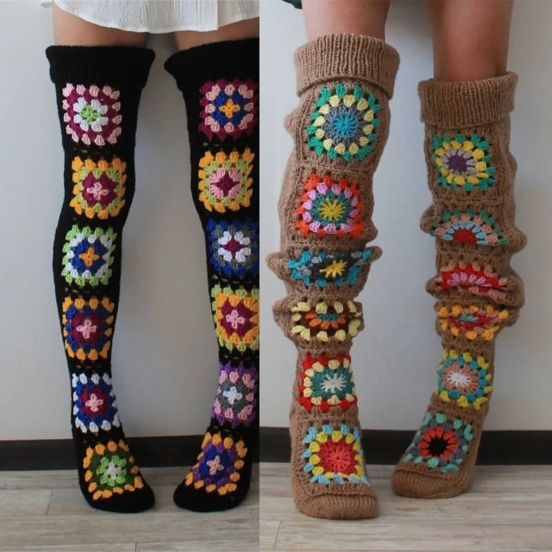 Vintage Crochet Thigh High Socks Winter Warm Boot Stockings for Women