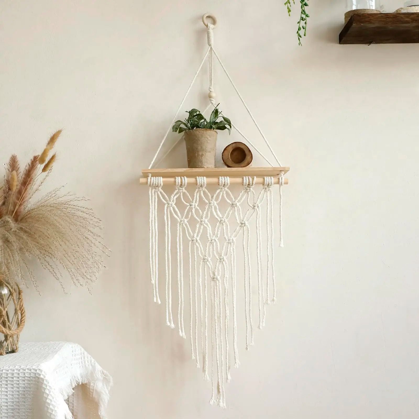 Boho Macrame Wall Hanging Floating Wood Shelf