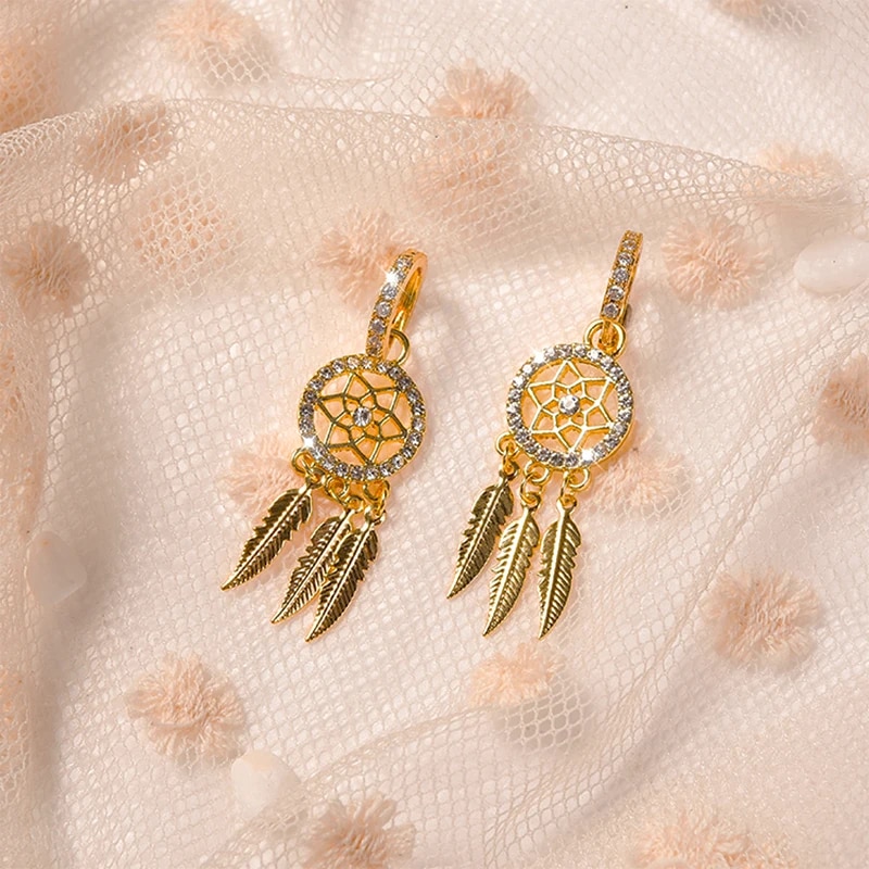14k Gold Feather Drop Earrings for Women | High Quality Jewelry with AAA Zircon | Trendy & Exquisite Fine Gift for Parti