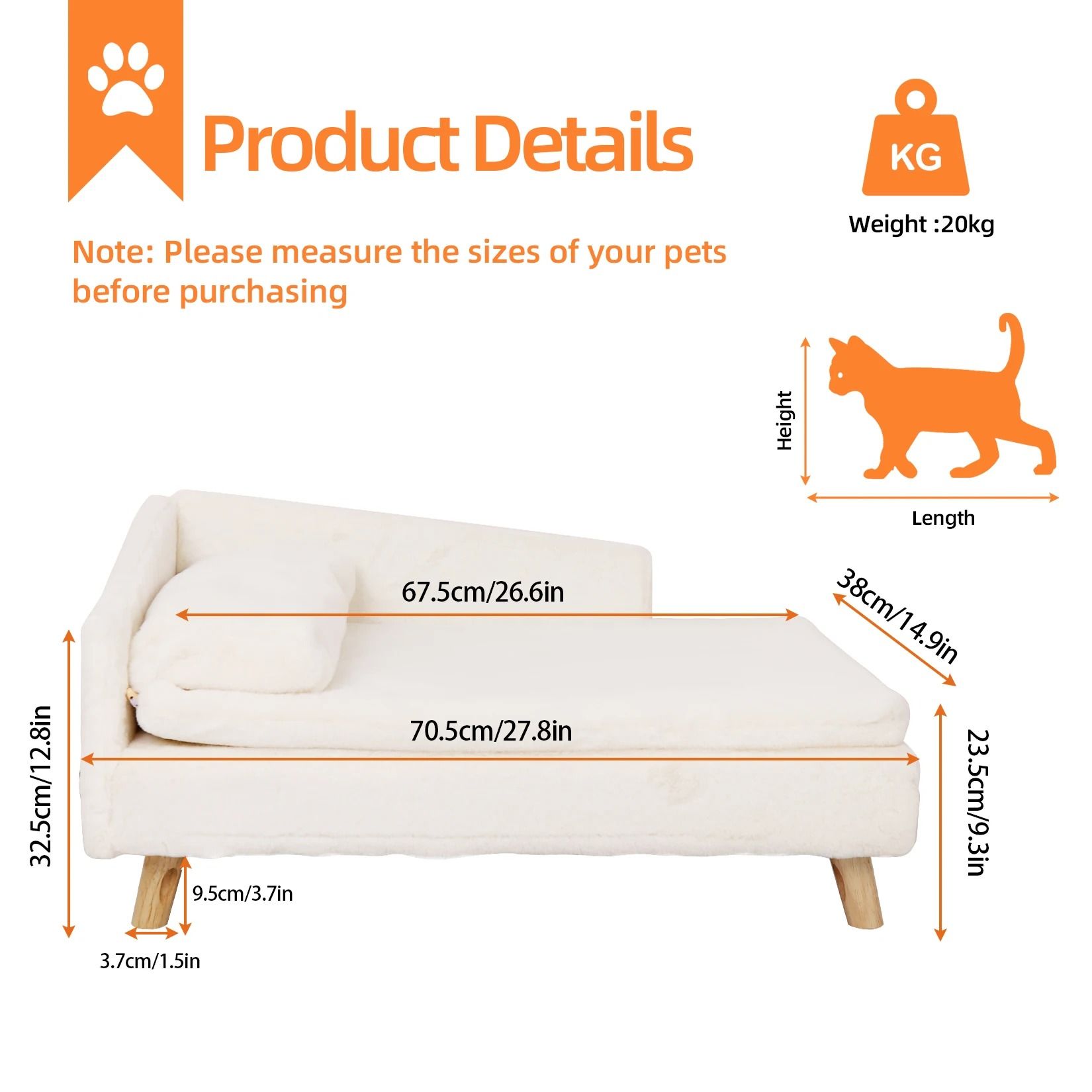 Elevated Pet Sofa Bed with Wood Legs and Waterproof Cozy Pad