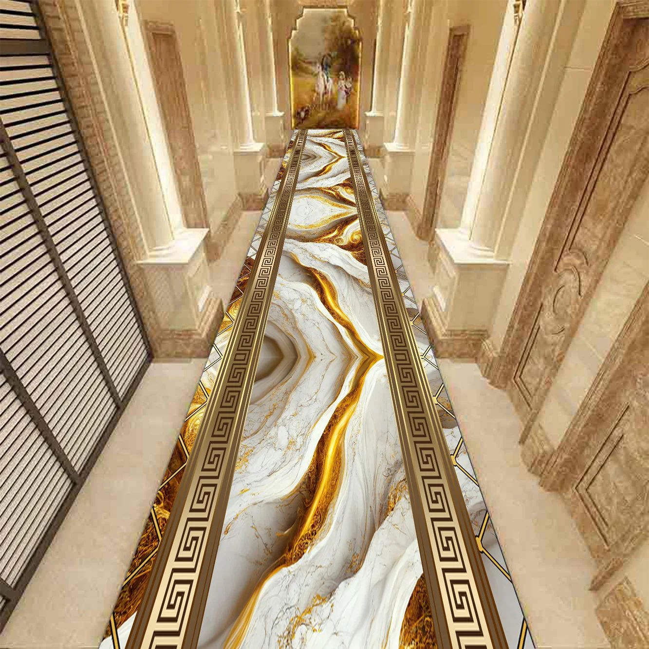 Golden Marble Runner Rug – Luxury Non-Slip Hallway & Stair Carpet