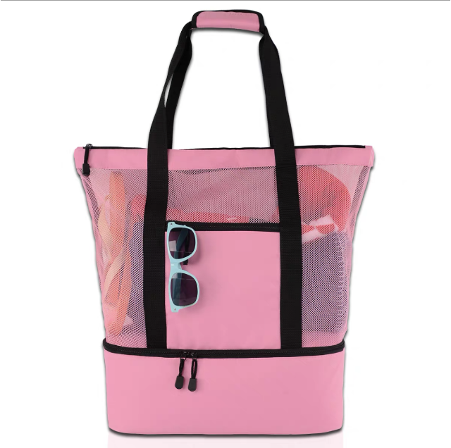 Large Capacity Mesh Beach Bag with Insulated Double Layer Transparent Tote