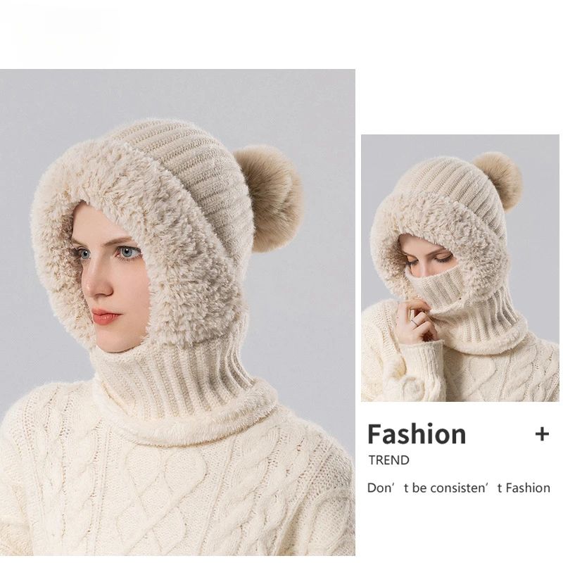 Women's Hooded Knit Balaclava Hat – Winter Velvet Fluffy Ear Protection Neck Warmer