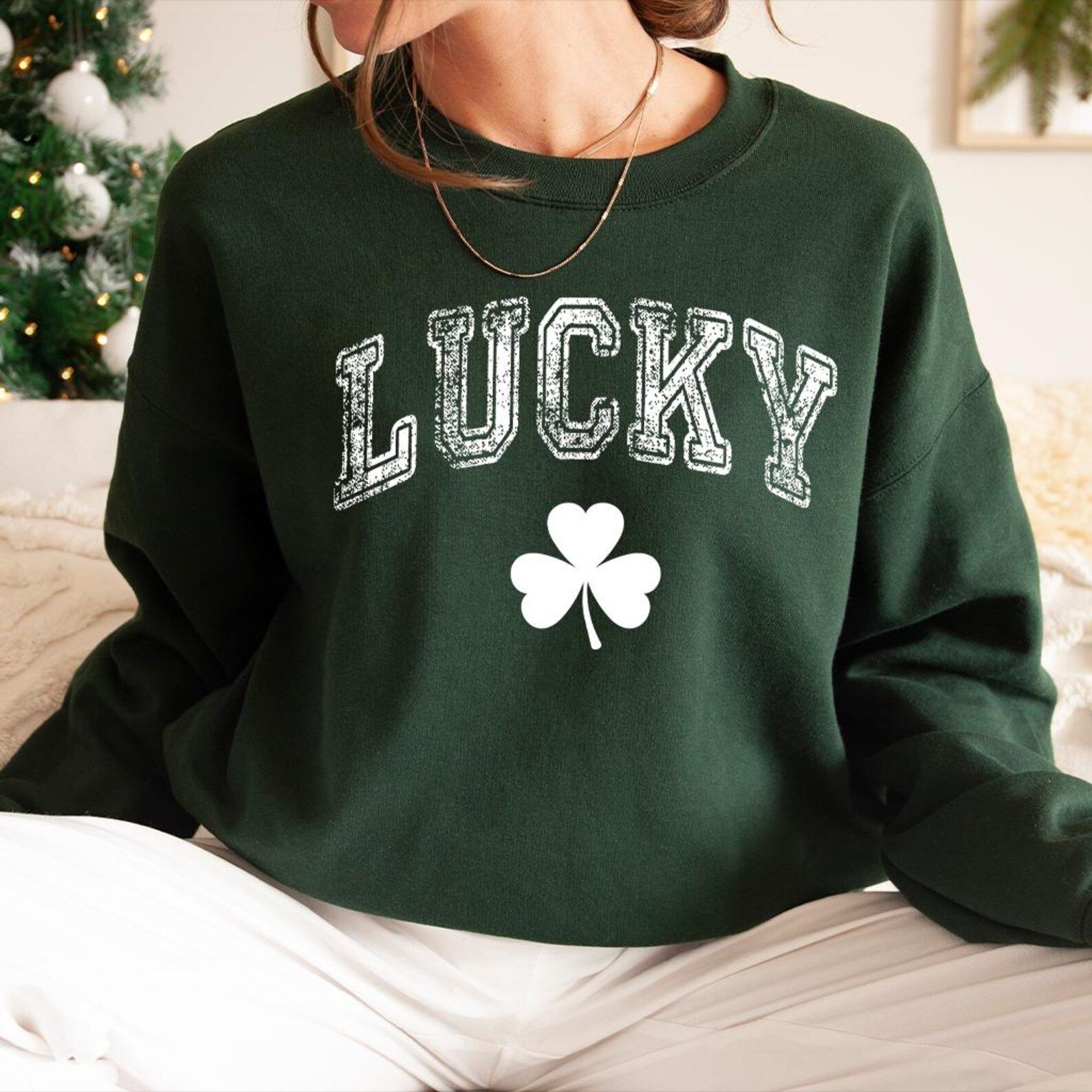 Retro Lucky Shamrock Sweatshirt | Womens St. Patricks Day Outfit Vintage Clover Crewneck Pullover