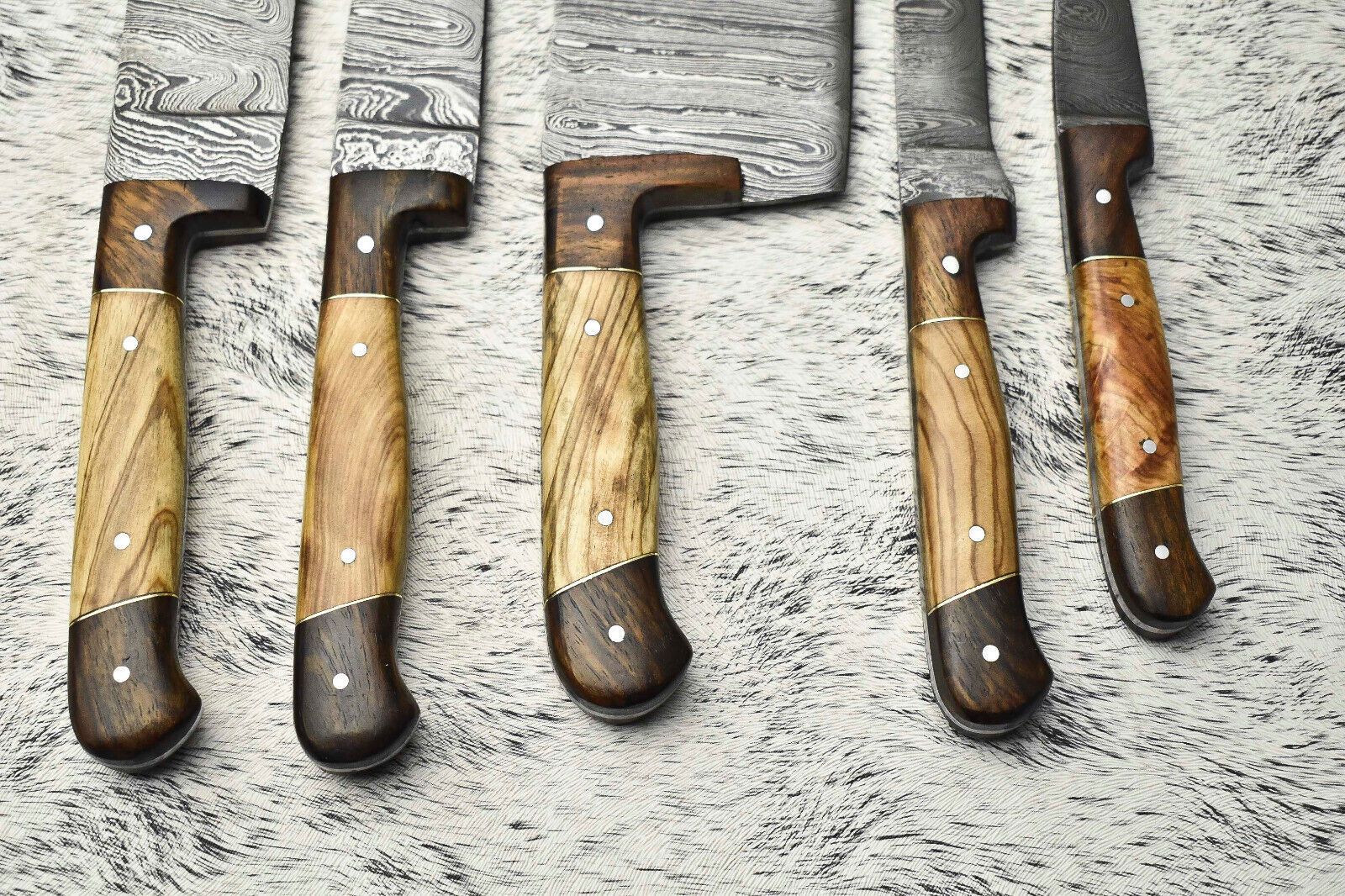 Lot of 5 Handmade Damascus Steel Chef Knives Set | Full Tang with Olive Wood Handles