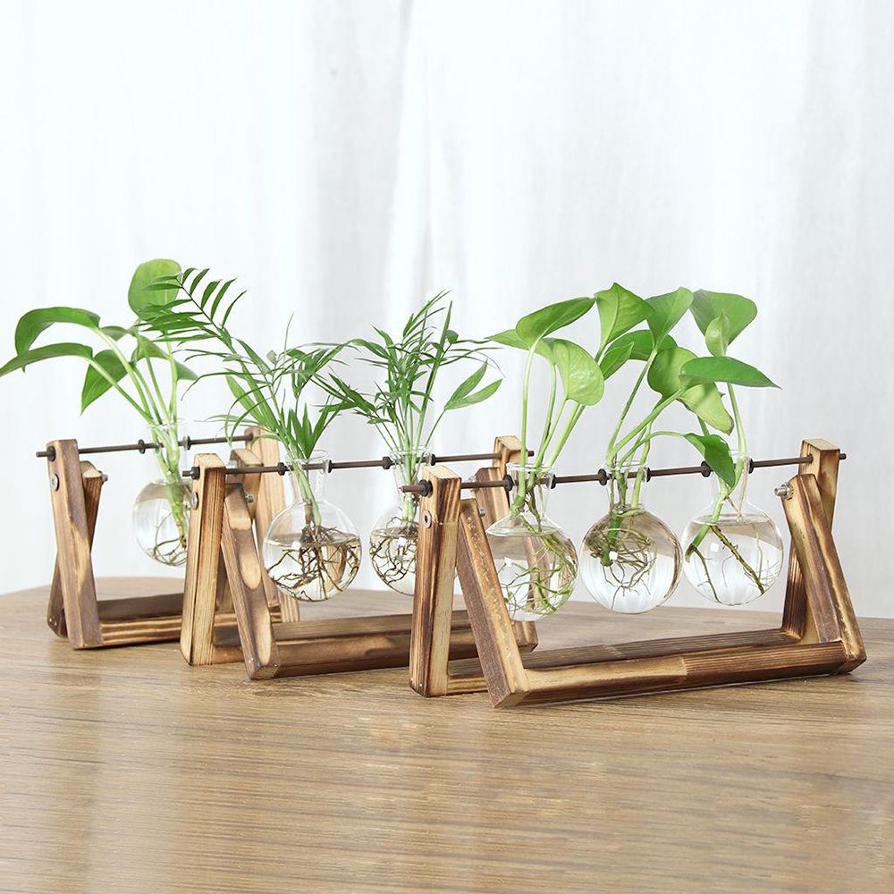 Wooden Frame hydroponic terrarium Glass Vase Tabletop Planter for Modern Home Decor