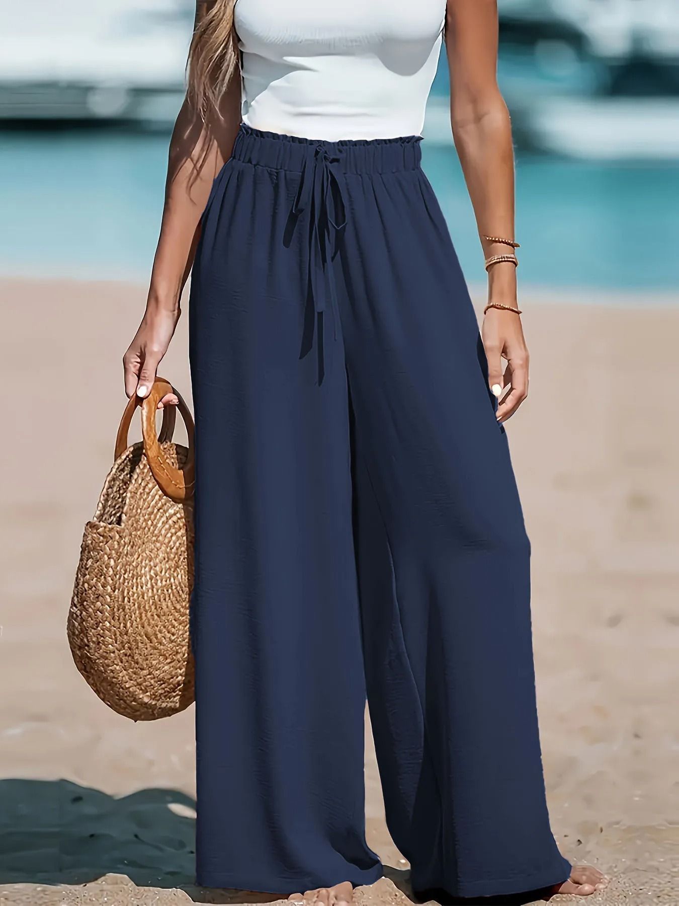 Womens Wide Leg Drawstring Casual Pants