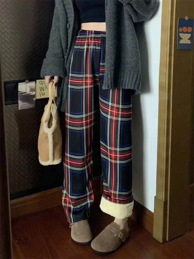 Women's Plush Wide Leg Plaid Pants Warm Cashmere Style Loose Winter Trousers