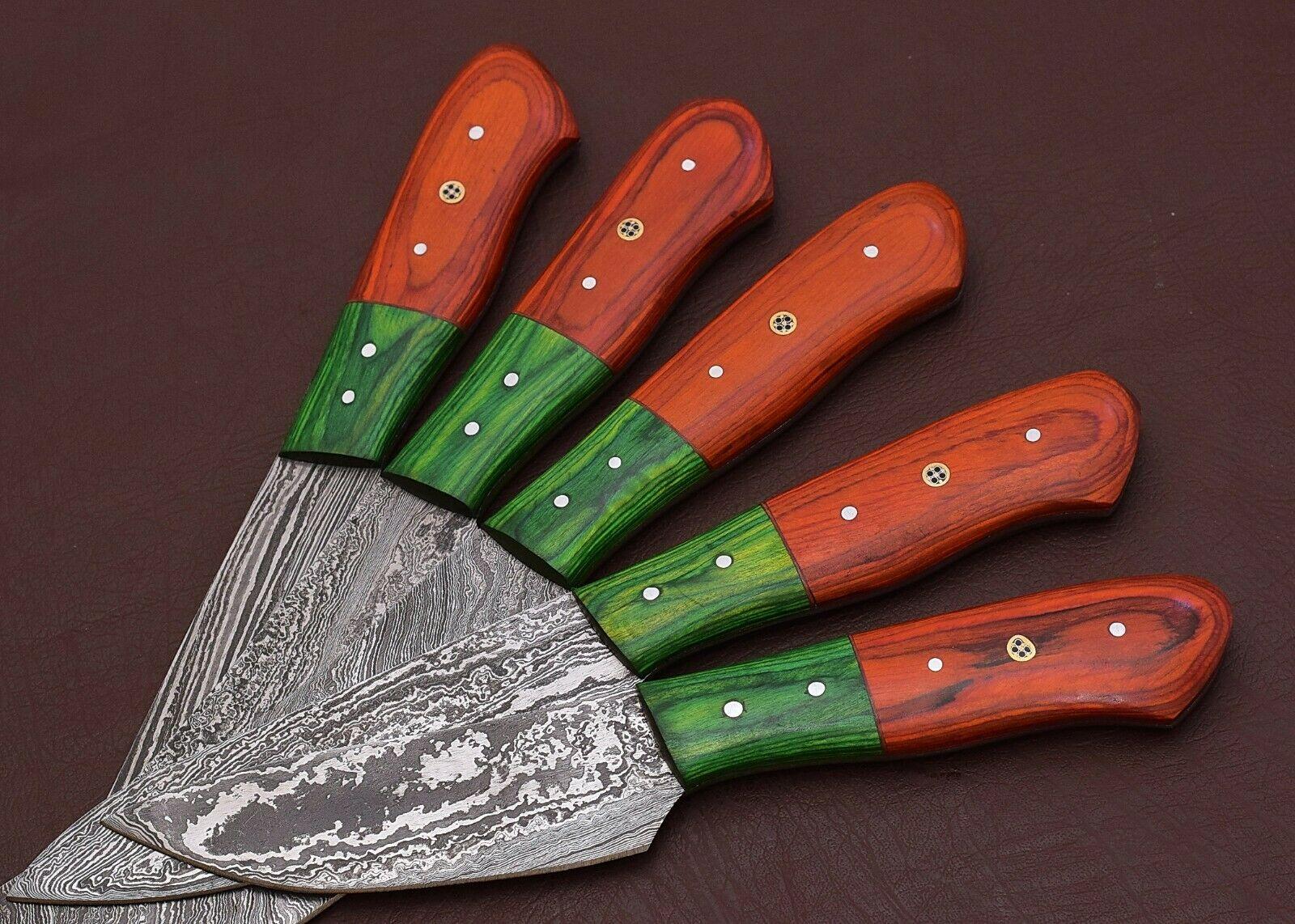 Artisan Damascus Kitchen Knives Set with Pakka Wood Handles – 5 Pc