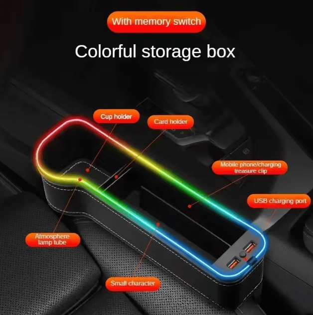 LED Car Seat Gap Storage Box Organizer with Dual USB Charger Cup Holder and Seat Crevice Organizer Tray