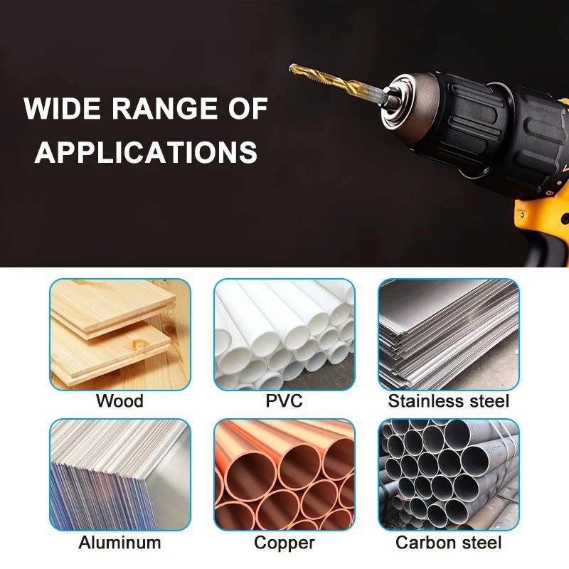 6 Pcs Titanium Plated Drill Tap Set M3–M10 - High Speed Steel Hex Shank Tap & Drill Combo with Chamfer Tool