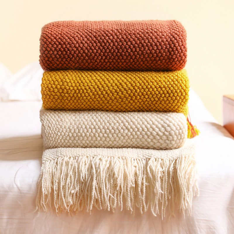 Corn Grain Waffle Embossed Knitted Blanket, Textile City Thickened Winter Warm Throw with Tassels, Decorative Bedspread