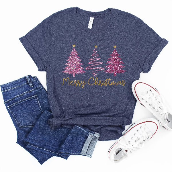 Faux Glitter Merry Christmas Tree Sweatshirt | Pink Sparkly Xmas Crewneck Women Aesthetic Holiday Pullover