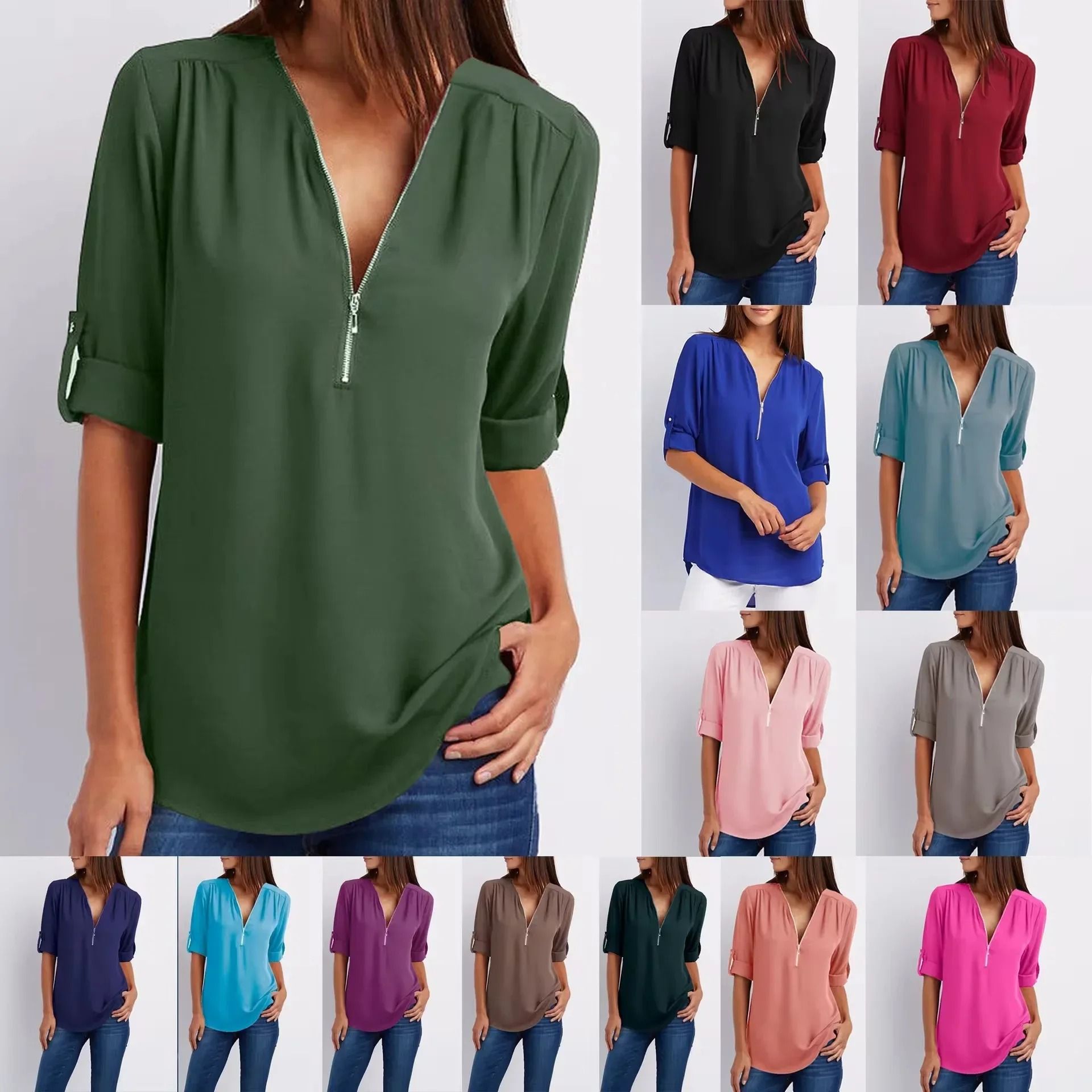 Womens Loose Deep V Neck Chiffon Zipper Pullover Plus Size Top