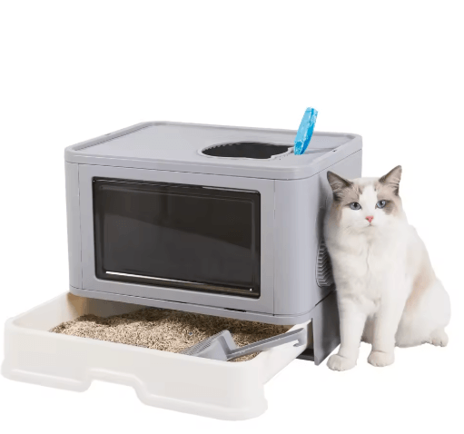 Foldable Enclosed Cat Litter Box – Top Entry Odor Control Kitty Toilet with Scoop