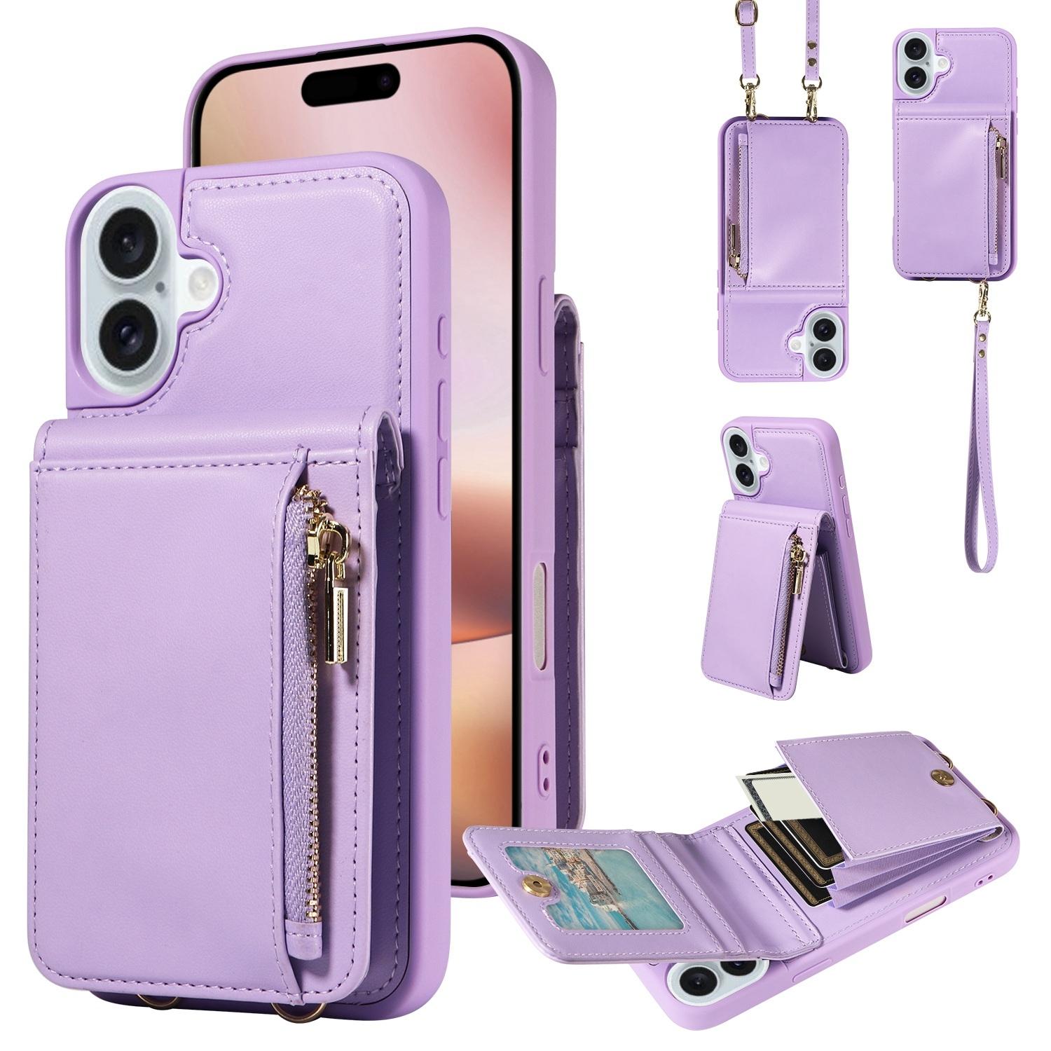 Leather Crossbody iPhone Wallet Case with Zipper Pocket & Lanyard Strap