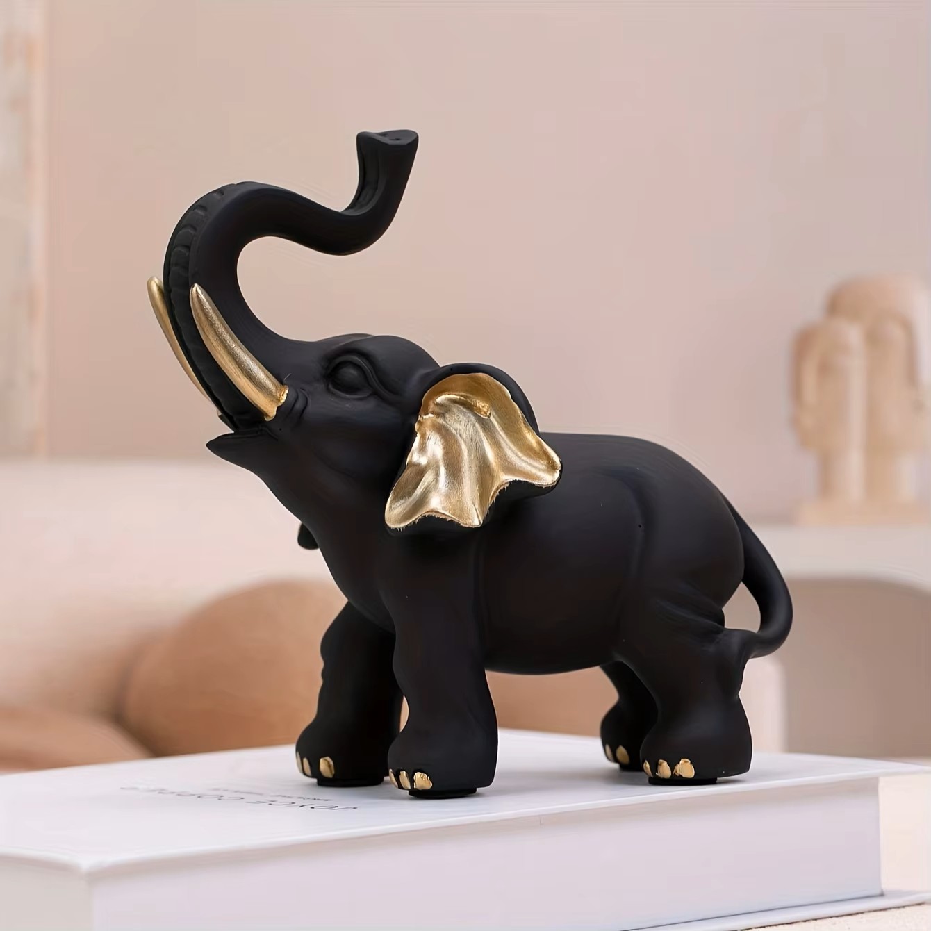 Black Gold Elephant Statue, Good Fortune Ornament for Living Room, Home Decoration Display
