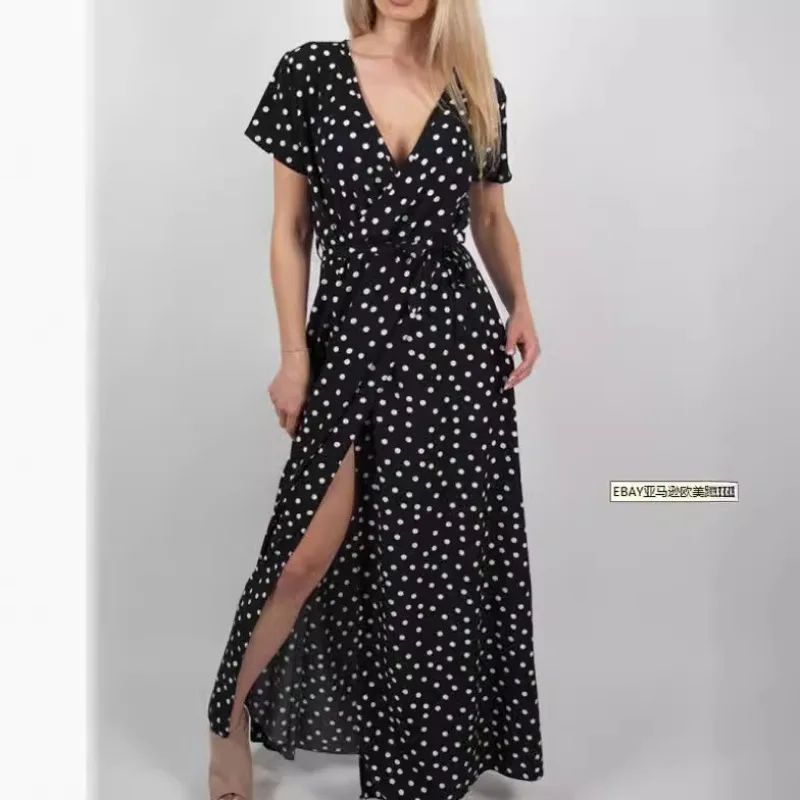 Women White Boho Polka Dot V Neck Summer Maxi Dress