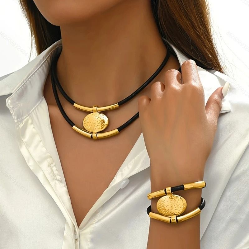 Fashion Oval Metal Necklace and Bracelet Set Vintage Faux Leather Double Layered Chain Jewelry