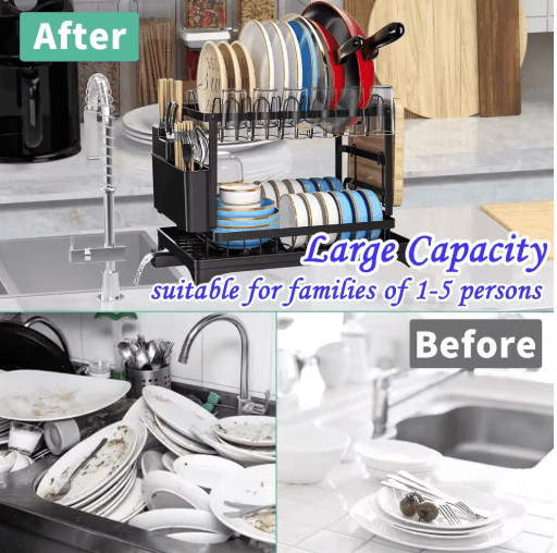 2 Tier Kitchen Countertop Dish Drying Rack with Drip Tray Metal Space Saving Dish Drainer