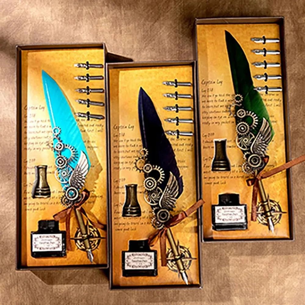 Antique Feather Dip Pen Calligraphy Quill Pen Set with Mechanical Wing Base