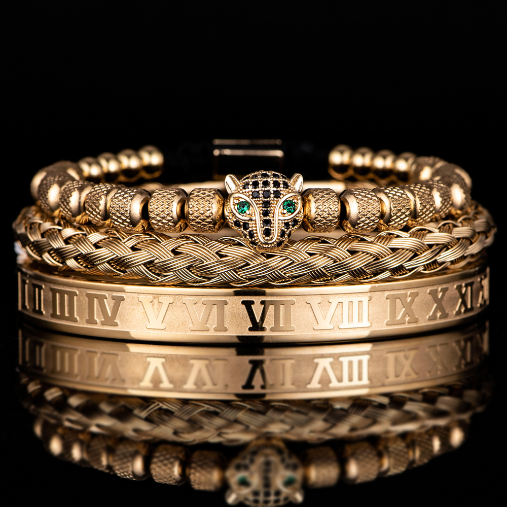 Handmade Braiding Bracelet Set, Hip Hop Men's CZ Leopard Head & Roman Numeral Stainless Steel Jewelry