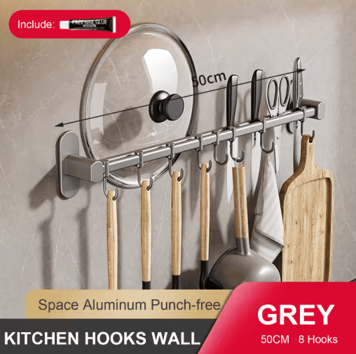 No-Drill Wall Mounted Kitchen Hook Rack with Storage Rail Organizer