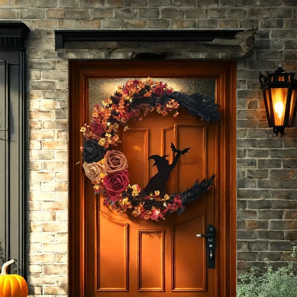 Gothic Halloween Wreath with Roses and Witch Cat Silhouette