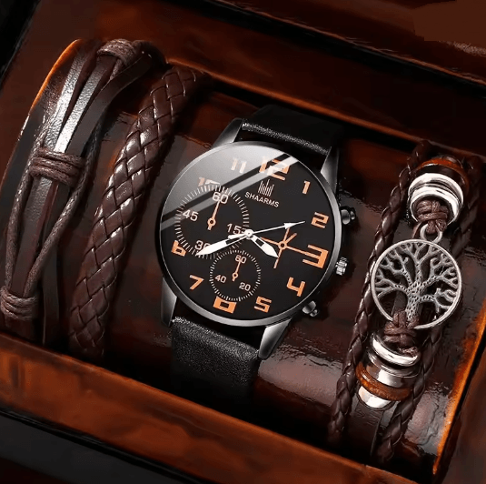 Mens Retro Quartz Watch and Bracelet Set Big Dial Leather Style