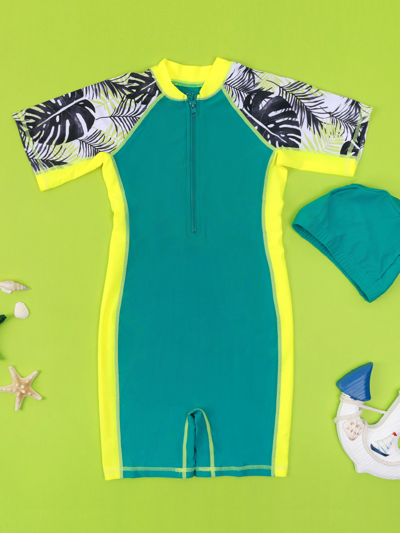 One-Piece Quick Drying Boys Swimwear, Summer Children Swimsuits, Kid Short Sleeve Sun Protection