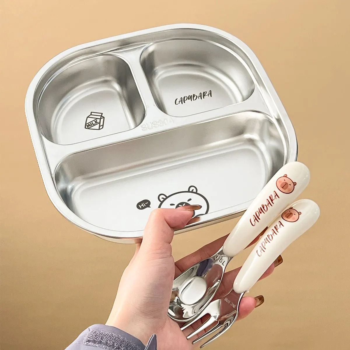 Capybara Stainless Steel Divided Plate 3 Compartment Kids Dinner Plate