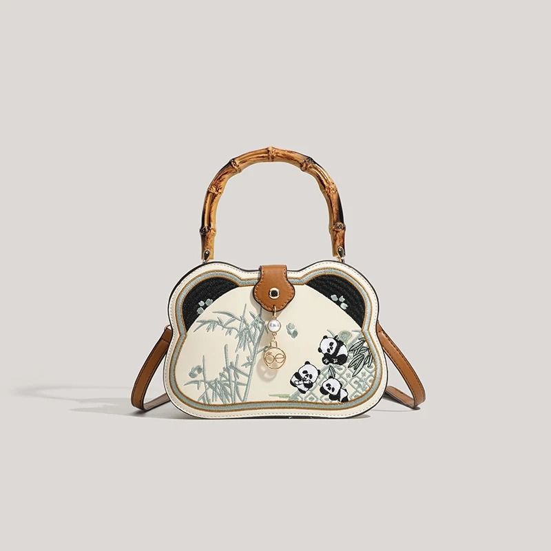 Chinese Style Panda Head Crossbody Bag with Bamboo Joint Handle
