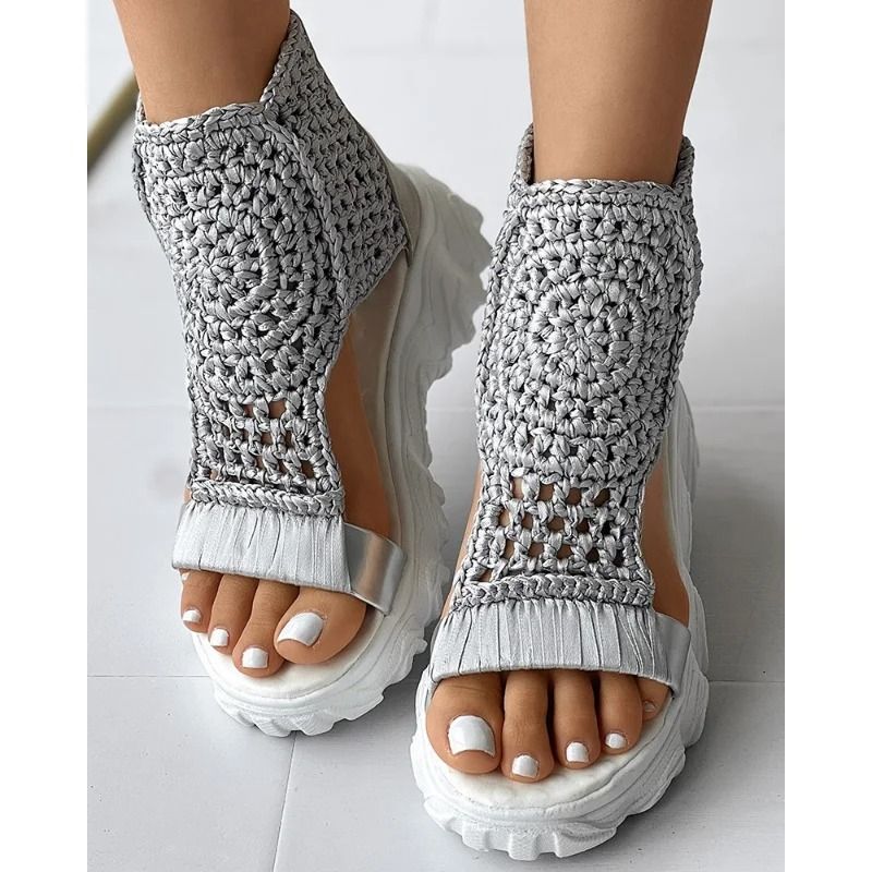 Braided Knit Elastic Platform Sandals with Back Zipper