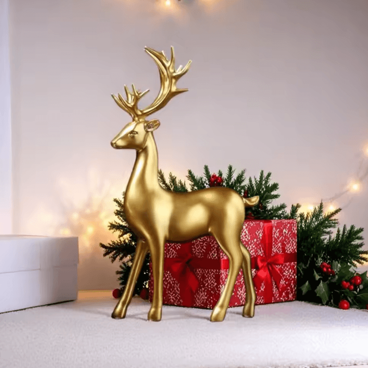 2-Piece Gold Reindeer Christmas Table Decor Elegant Elk Statue Set Holiday Home Accent