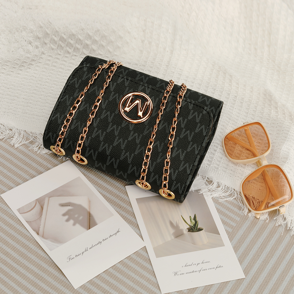 Womens Retro Monogram Chain Crossbody Bag Chic Black Square Design with Logo