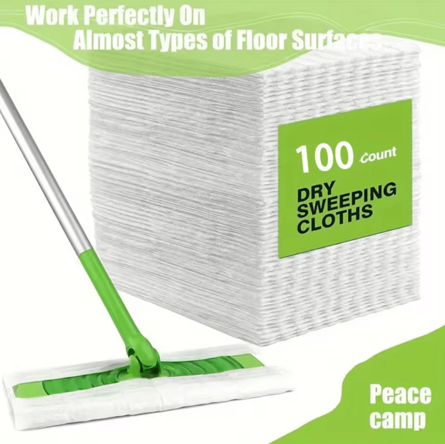 100 Pcs Dust Removal Paper & White Aluminum Pole Flat Dust Mop – Multi-Surface Dry/Wet Floor Cleaner