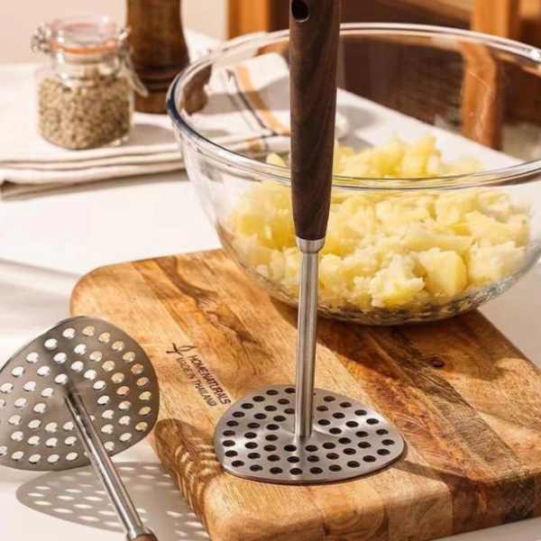 Stainless Steel Potato Masher – Heavy Duty Food Masher with Wooden Handle for Easy Mashing of Potatoes, Vegetables