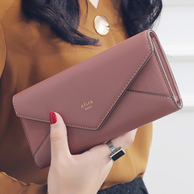 Designer Leather Long Wallet for Women , Fold Envelope Clutch with Money Clip and Phone Pocket