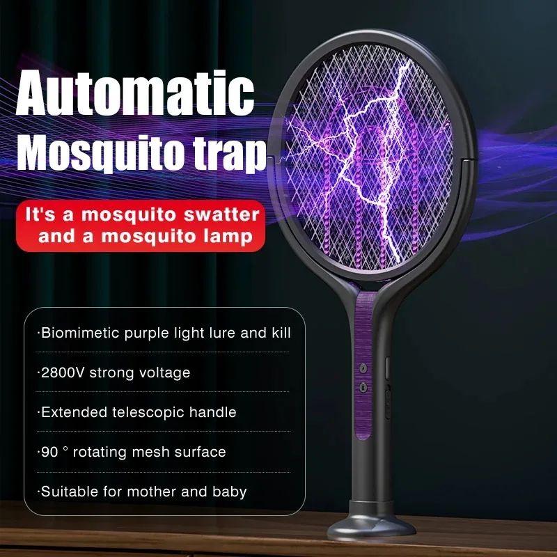 2800V Electric Mosquito Swatter Rechargeable Mosquito Racket with Extension Handle 5-Layer Safety Protection