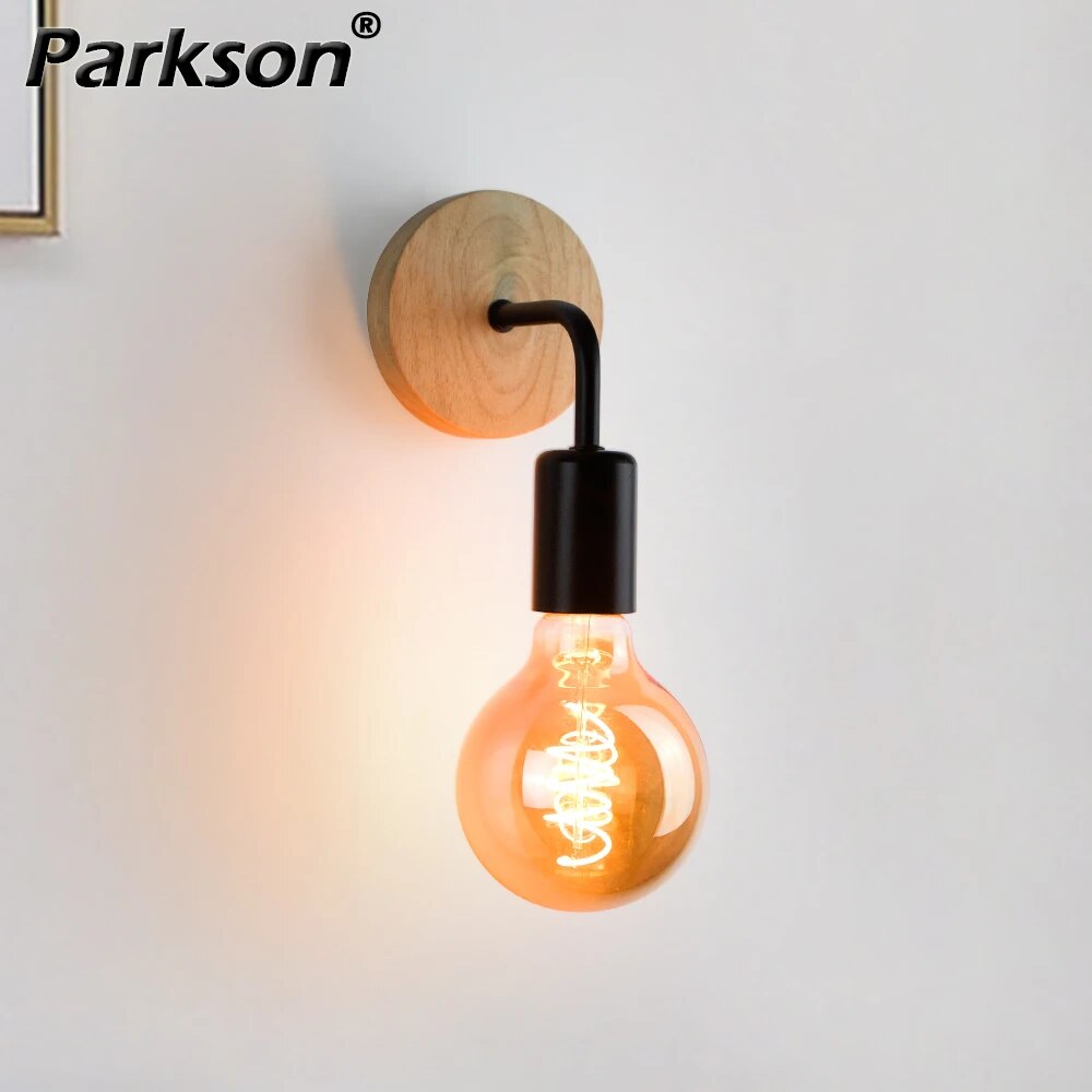 Wood Wall Lamp, Vintage Industrial Sconce Light Fixture E27 for Bedroom, Dining Room, and Bedside Decor
