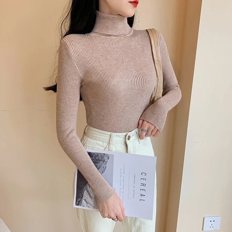 Autumn Winter Women's Ribbed Turtleneck Knit Sweater – Slim Fit Soft Warm Pullover