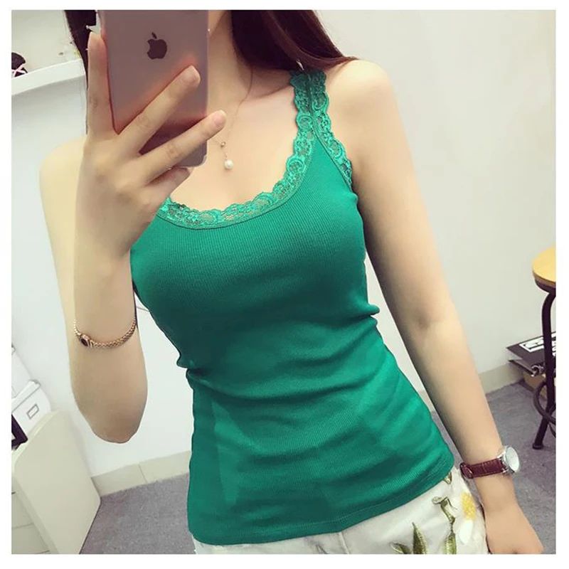 Women's Black Lace Trim Sleeveless Tank Top – Loose Cotton Blend Camisole Vest