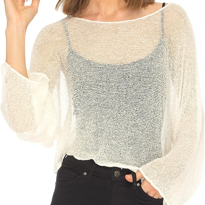 Women Knit Cover-ups Summer, Loose Pullover Smock Crop Tops, Autumn See-through Irregular, Summer Beach Bikinis Cover Up