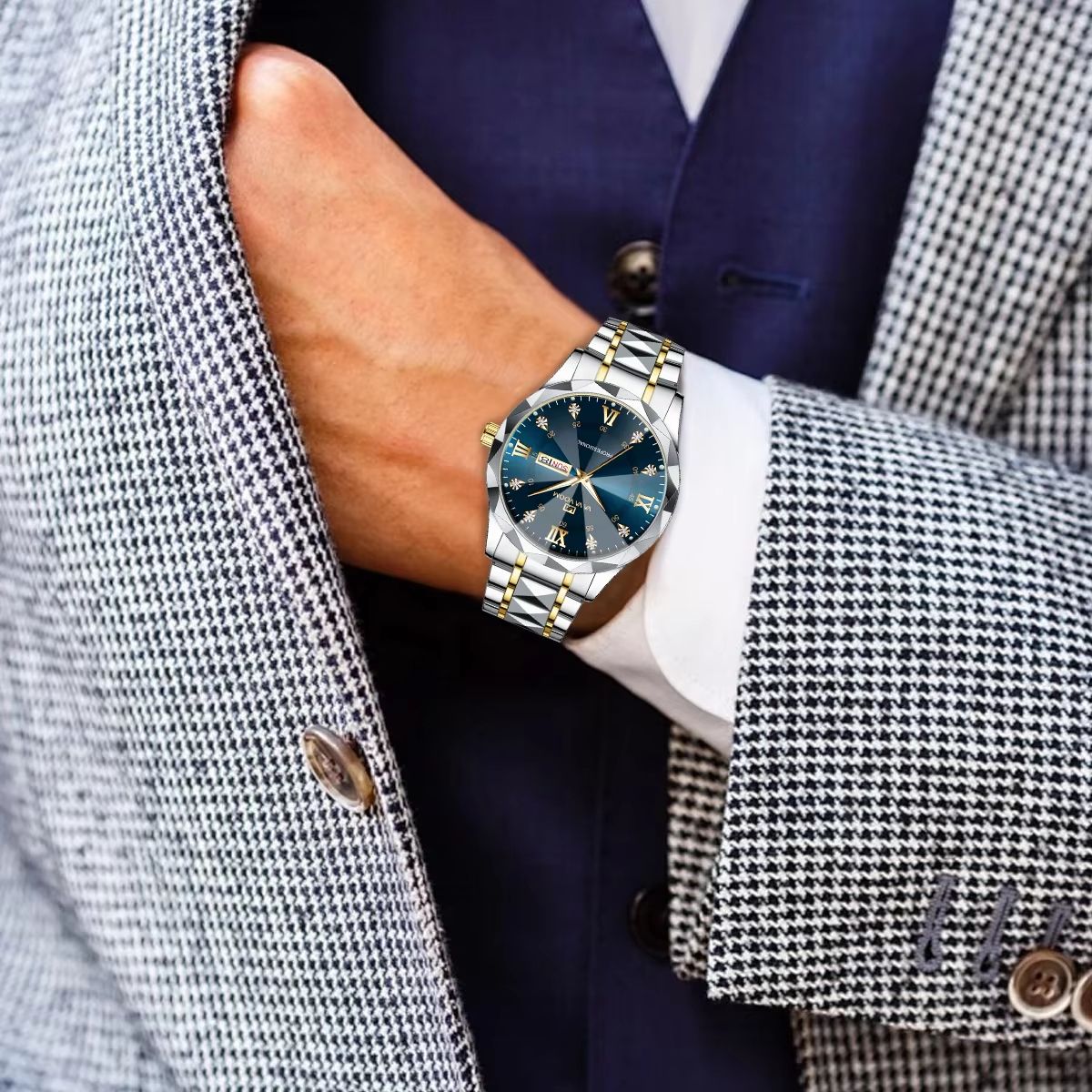 Men's Luxury Stainless Steel Watch – Blue Gold Quartz with Night Glow & Double Calendar