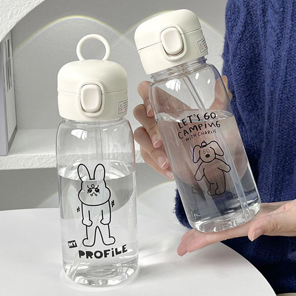 600ml Leakproof Bounce-Straw Water Bottle with One-Click Lid, Cartoon Print, Drop-Resistant Sports Travel Cup