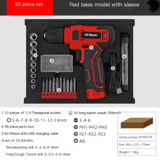Hi Spec 133 Piece Pink Power Tool Set with 8V Lithium Drill and Toolbox