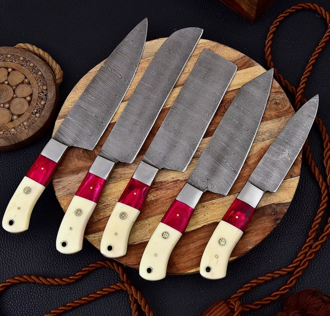 Damascus Chef Set Of 5 Pieces ,Custom Handmade Chef Set , Handmade Damascus Chef Set ,Personalized Gift For Mother ,