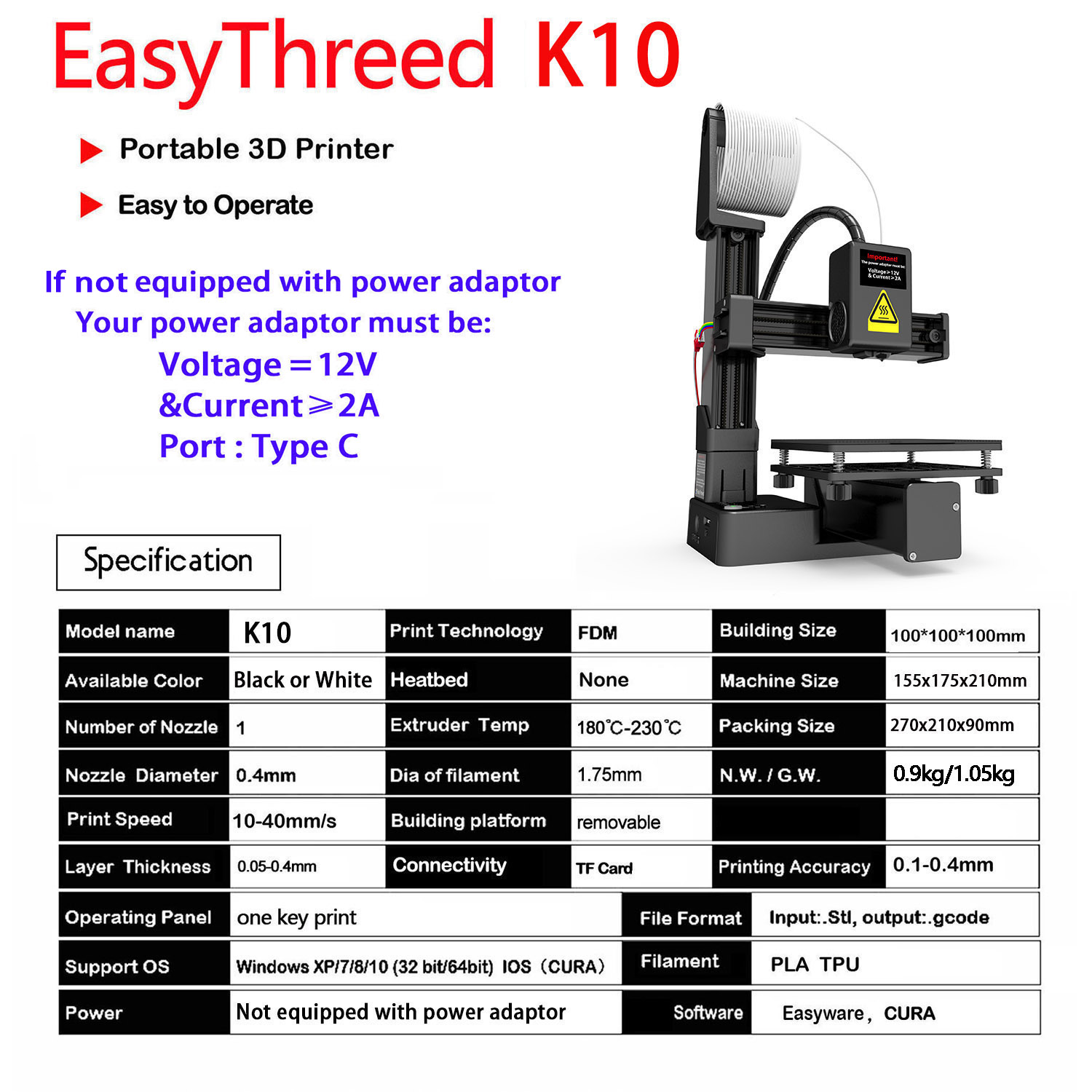 Entry Level EasyThreed Printer, Compatible with PLA TPU Filament, Power Adaptor Included